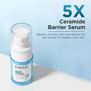 5X Ceramide Barrier Serum bottle on a light blue background, skincare product for strengthening and soothing skin barrier.