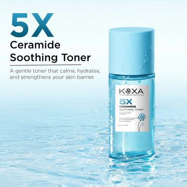 Ceramide soothing toner bottle with blue cap on water, promotes hydration and skin barrier care.