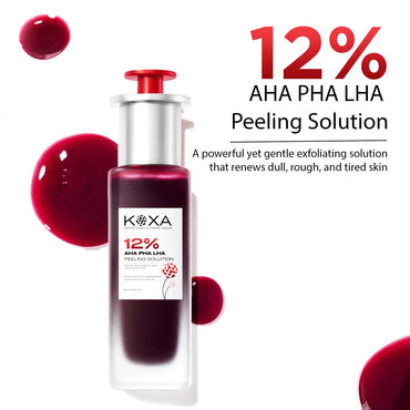 12% AHA PHA LHA peeling solution bottle with red serum drops, skincare exfoliant