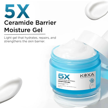 Open blue jar of 5X ceramide barrier moisture gel with creamy texture, skincare product