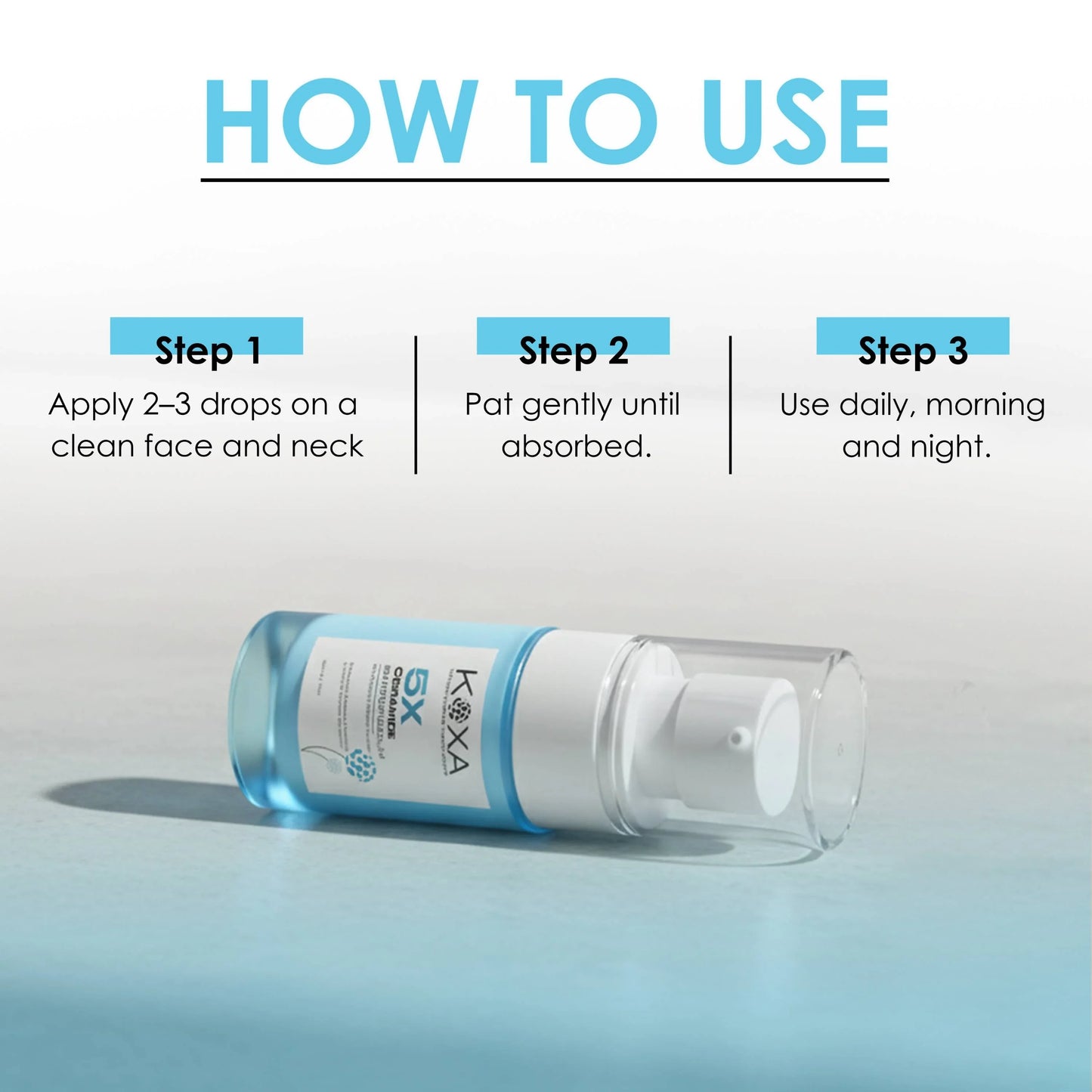 Serum bottle with instructions for applying drops on face and neck, skincare routine steps