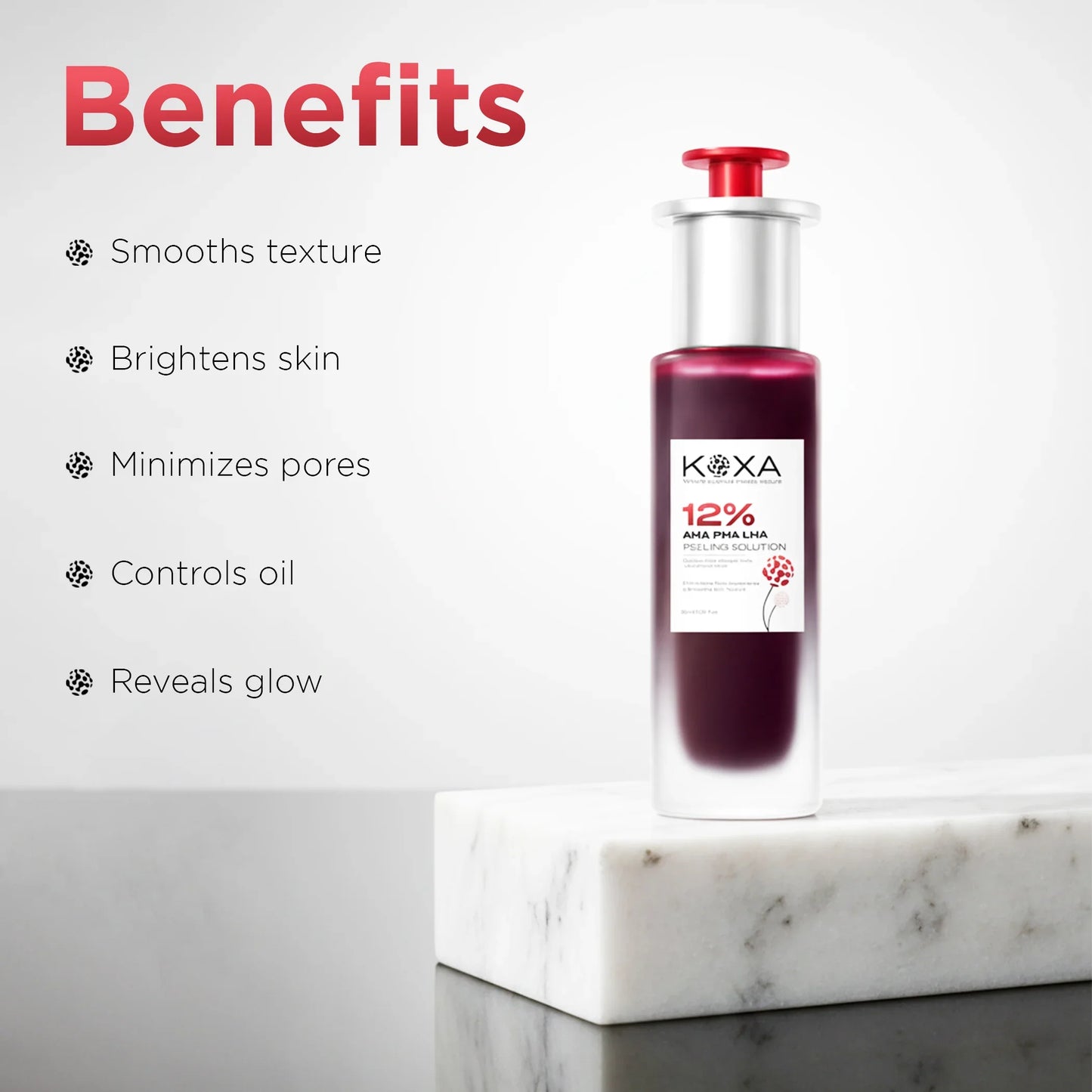 Serum bottle with 12% AHA PHA LHA peeling solution on marble, skincare benefits listed.