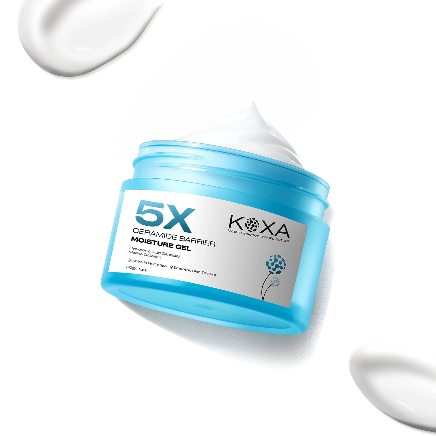 Blue jar of 5X ceramide barrier moisture gel with creamy white texture on white background
