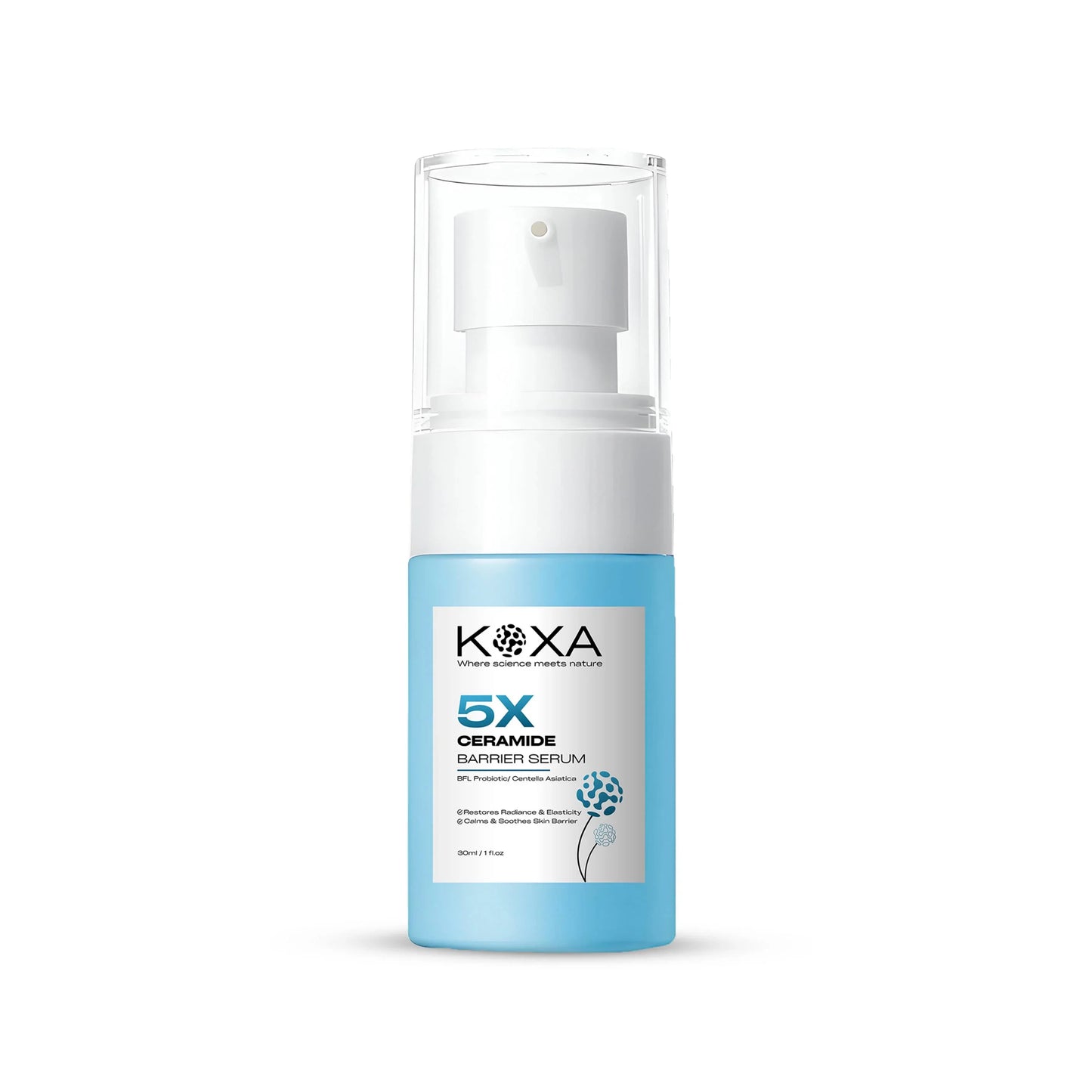 Blue bottle of 5X Ceramide Barrier Serum with pump, skincare product on white background