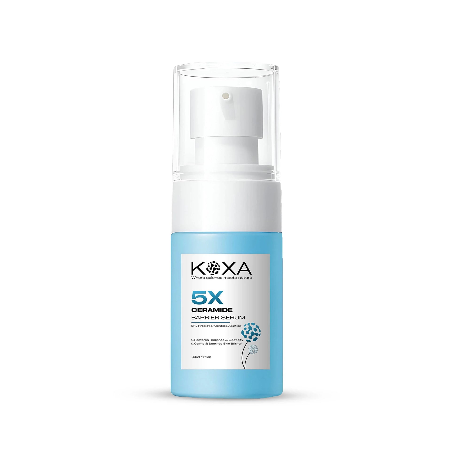 Blue bottle of 5X Ceramide Barrier Serum with pump, skincare product on white background