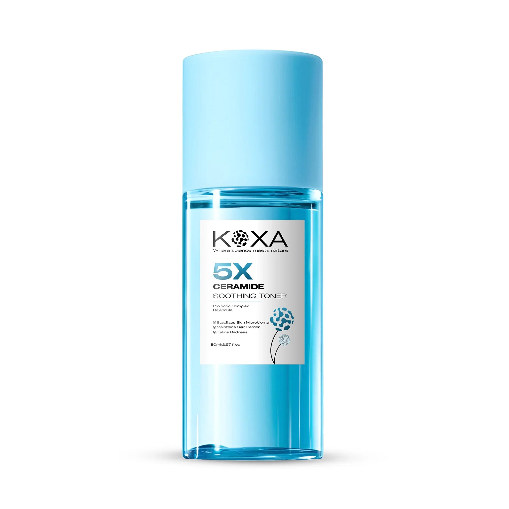 Light blue bottle of 5X Ceramide Soothing Toner for sensitive skin, white background