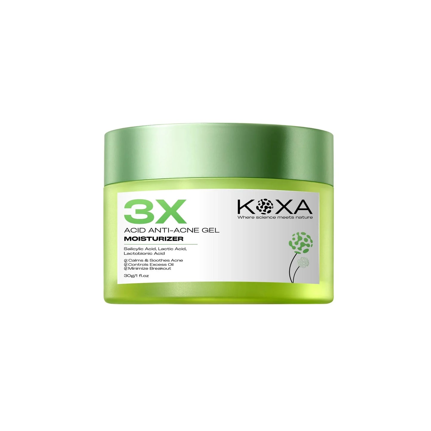 Green jar of 3X acid anti-acne gel moisturizer with salicylic acid and botanical ingredients