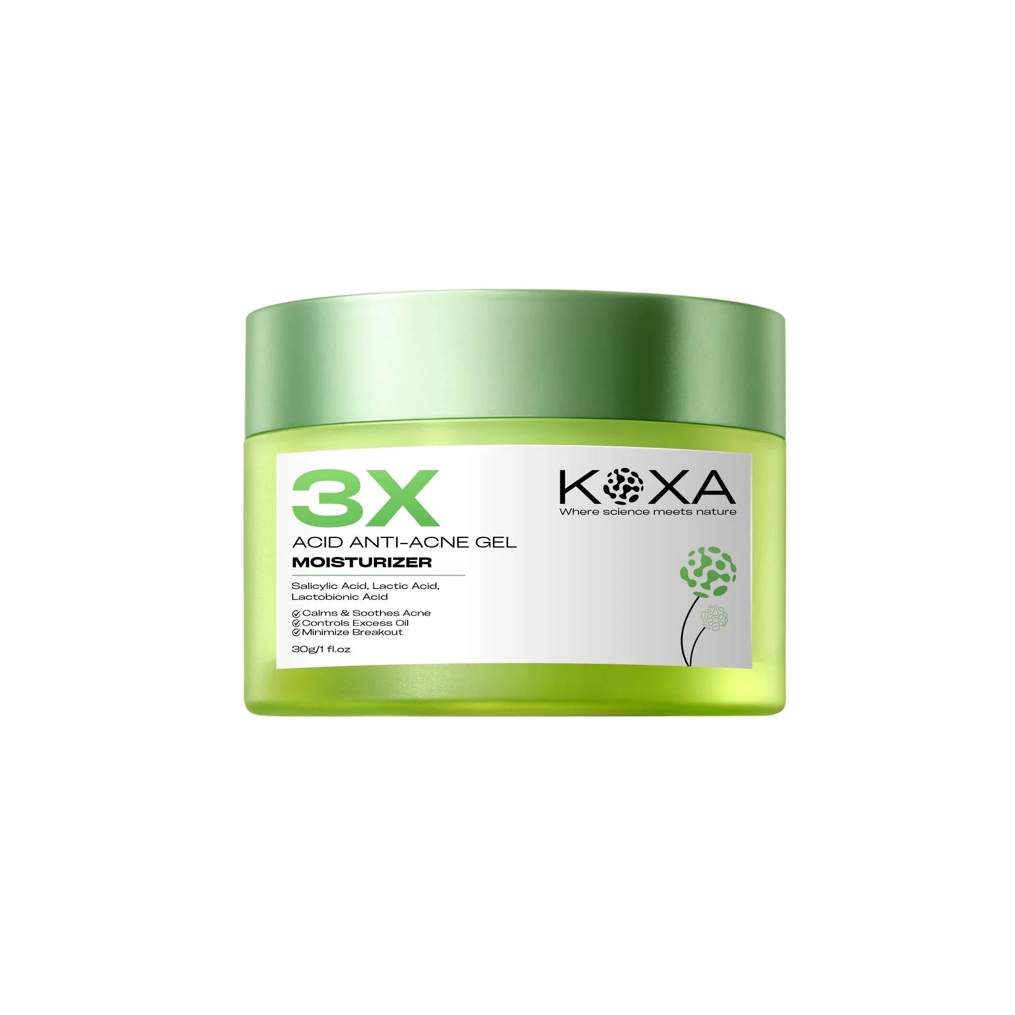 Green jar of 3X acid anti-acne gel moisturizer with salicylic acid and botanical ingredients