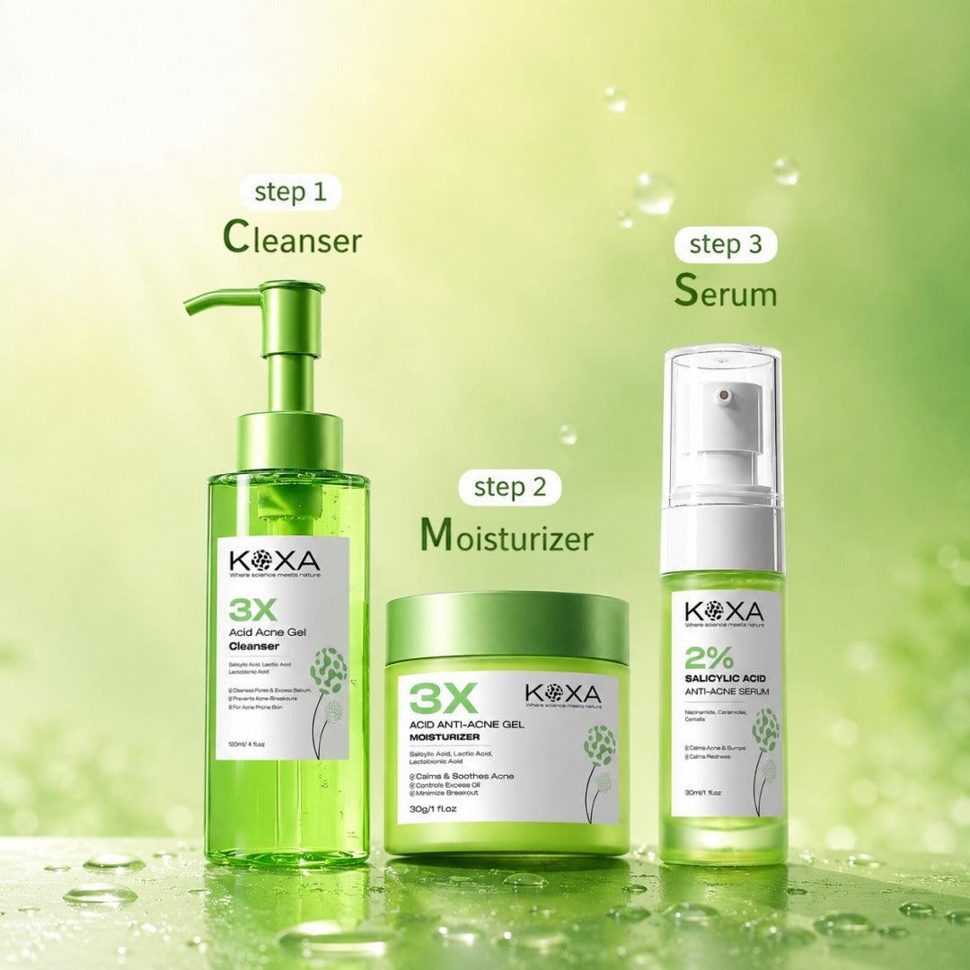 KOXA 3-Step Acne Care Kit | Complete Skincare Routine with Cleanser, Moisturizer & 2% Salicylic Acid Serum |