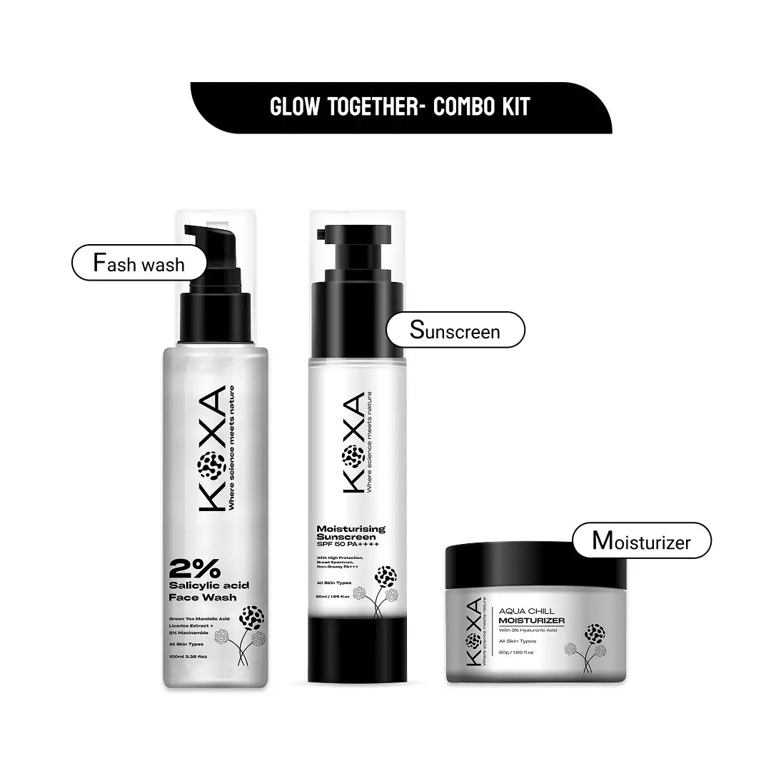 KOXA Hydrating Face Wash, Aqua Gel Moisturizer & Sunscreen SPF 50 Set